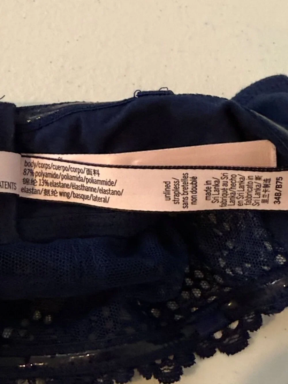 Victorias Secret 34B Navy Blue Lace Strapless Underwire Bra